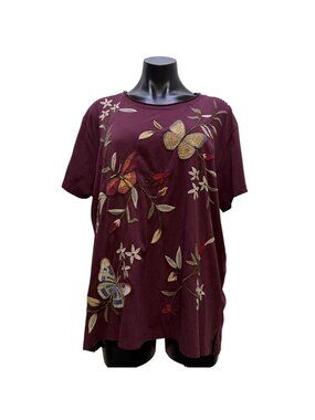 NWT Johnny Was Blouse Butterfly & Floral Embroidery Burgundy Multi XL